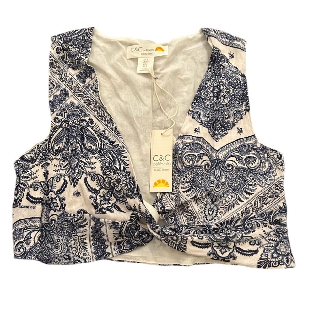 C&C California Crop Top Size Large Blue White Paisley Linen Sleeveless New